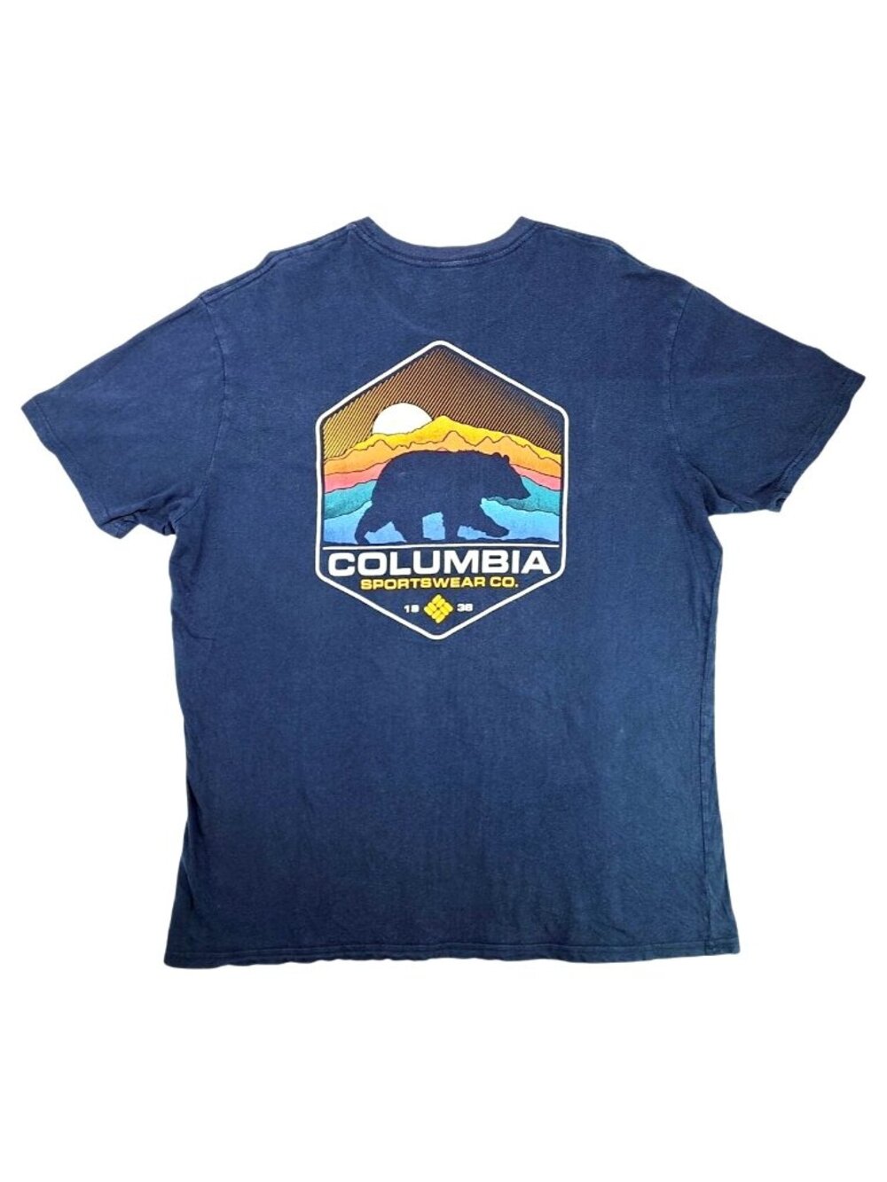 Columbia Men 2XL Navy Blue Crewneck Graphic T-Shirt Bear Logo Size XXL Sunset
